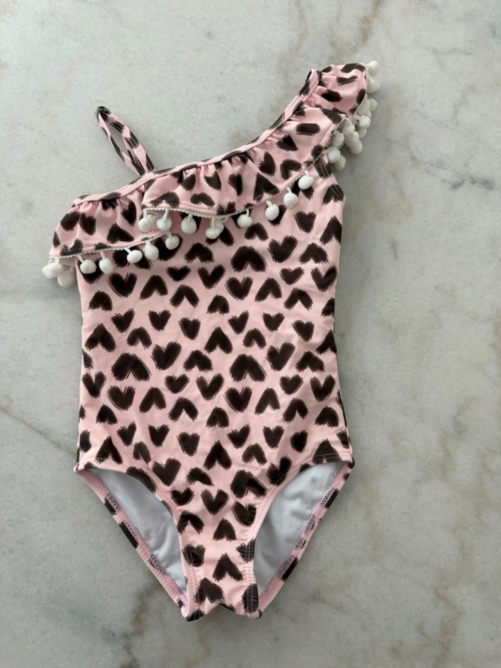 Snapper Rock Pink One-Shoulder Heart Print Kids Swimsuit with Pom Trim